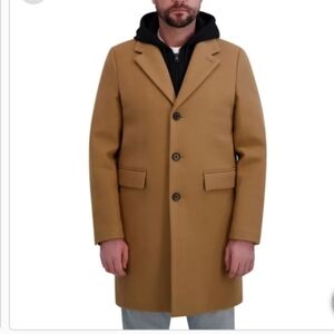 DKNY Mens Overcoat Tan Faux Wool Pockets Removable Bib Hood Heavyweight Nwt